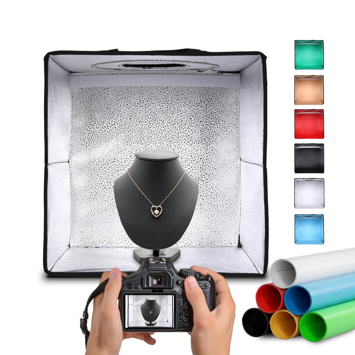 NK Folding Photo Studio Light Box (30 x 30 cm) – 3 LED Light Temperatures, Adjustable Brightness x10, RA90, Small Jewels, Carry Handle (6 Coloured Backgrounds)