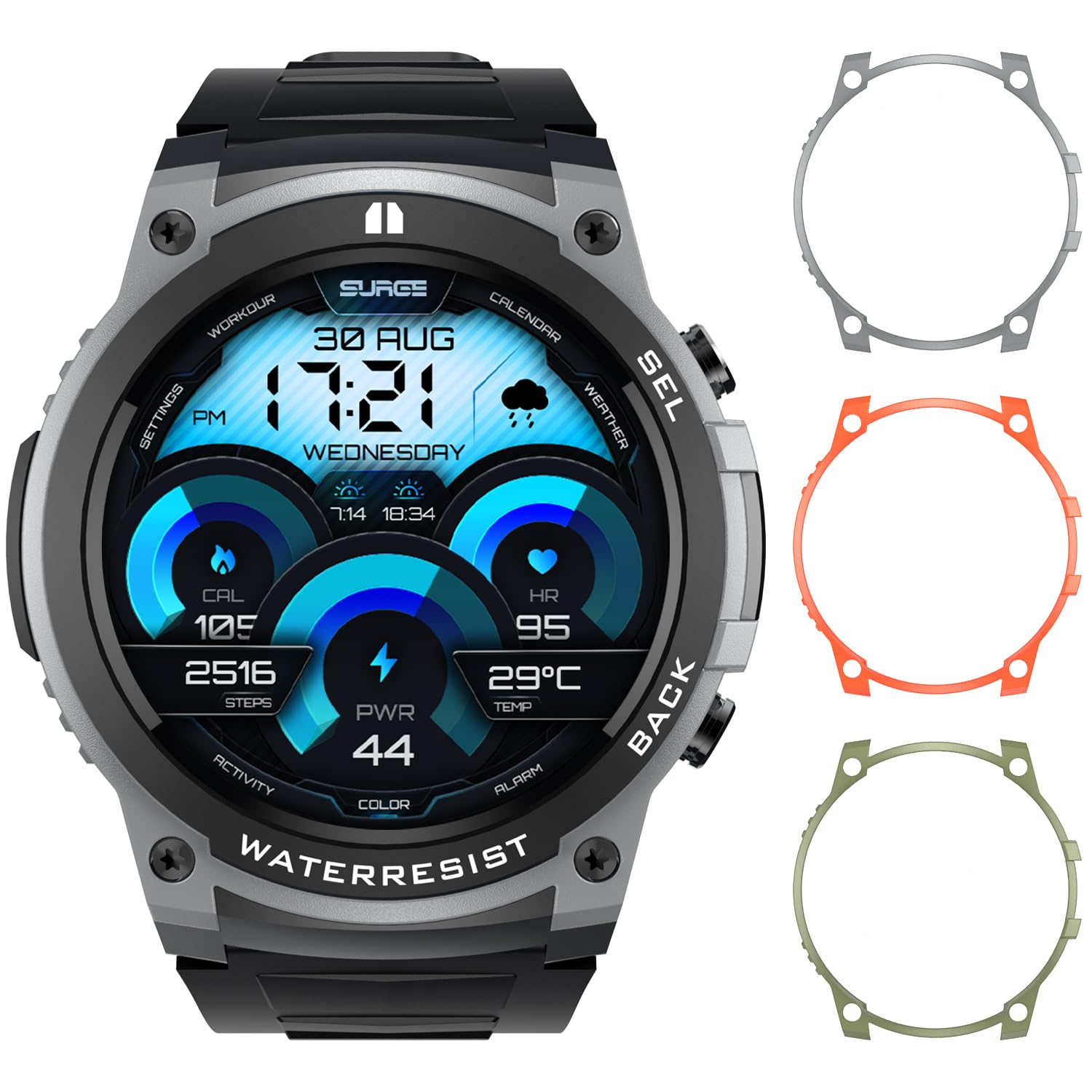 SURGE Rugged Smart Watch for Men, DIY Replaceable Frames, BT Make/Answer Calls, 1.43” AMOLED 9H Screen, Blood Oxygen Heart Rate 100+ Sport Modes & IP68 Waterproof Fitness Smartwatch for Android iOS