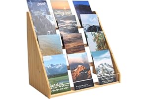 CAWUWE 4-Tier Bamboo Greeting Card Display Stand, Sticker Display Holder with Clear Acrylic Panels for Cards Postcard Photos Brochure, Postcard Holder for Home Birthday Office Market Decor