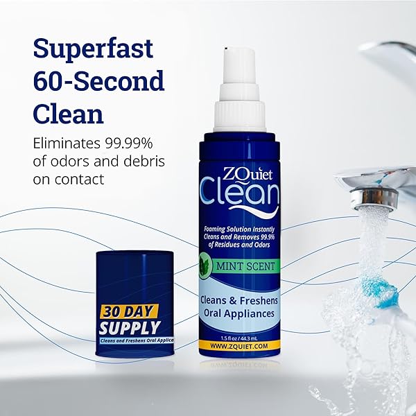 ZQUIET, CLEAN, CLEANING SOLUTION FOR ALL ORAL APPLIANCES, CHLORINE-FREE, FRESH MINT SCENT, TRAVEL-SIZE, TSA-COMPLIANT