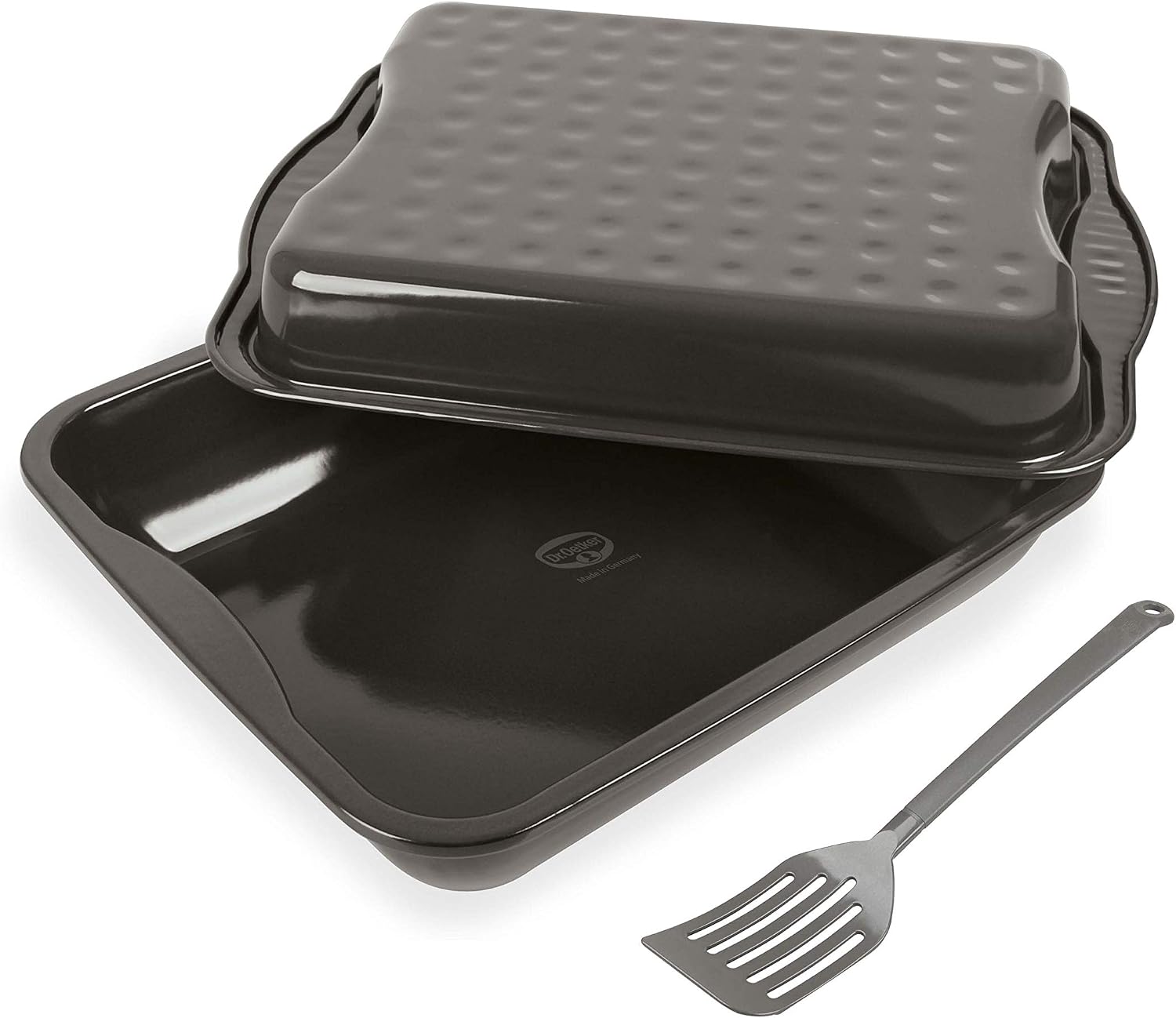 Dr. Oetker Maxi Roasting Dish with Lid and Slotted Turner Exclusive High-Quality Sheet Steel Square Family Roasting Dish for Chicken and Vegetables (Colour: Grey/Brown/Cream)
