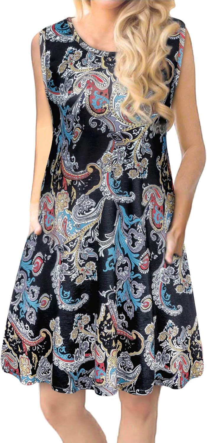 Tanst Women Summer Sleeveless Damask Print T-Shirt Dress with Pockets(S-3XL)