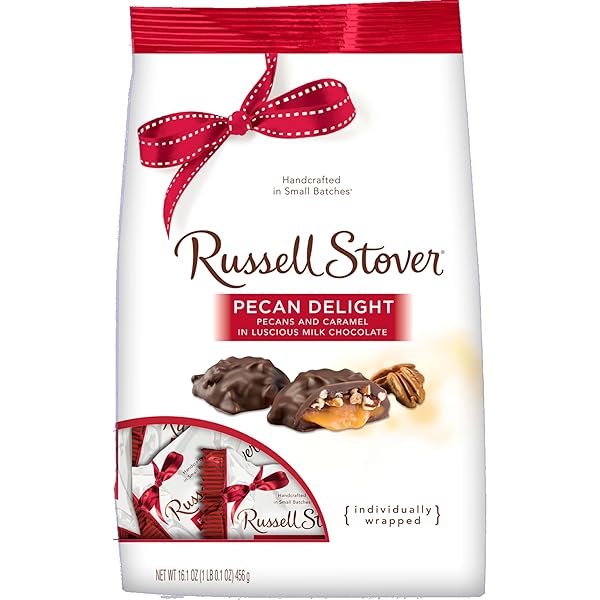 RUSSELL STOVER PECAN DELIGHT GUSSET BAG 16.10 OUNCE RUSSEL STOVER MILK CHOCOLATE COVERED CANDY PACK, CRUNCHY PECANS AND BUTTERY CARAMEL COVERED IN SWEET MILK CHOCOLATE CANDY, INDIVIDUALLY WRAPPED