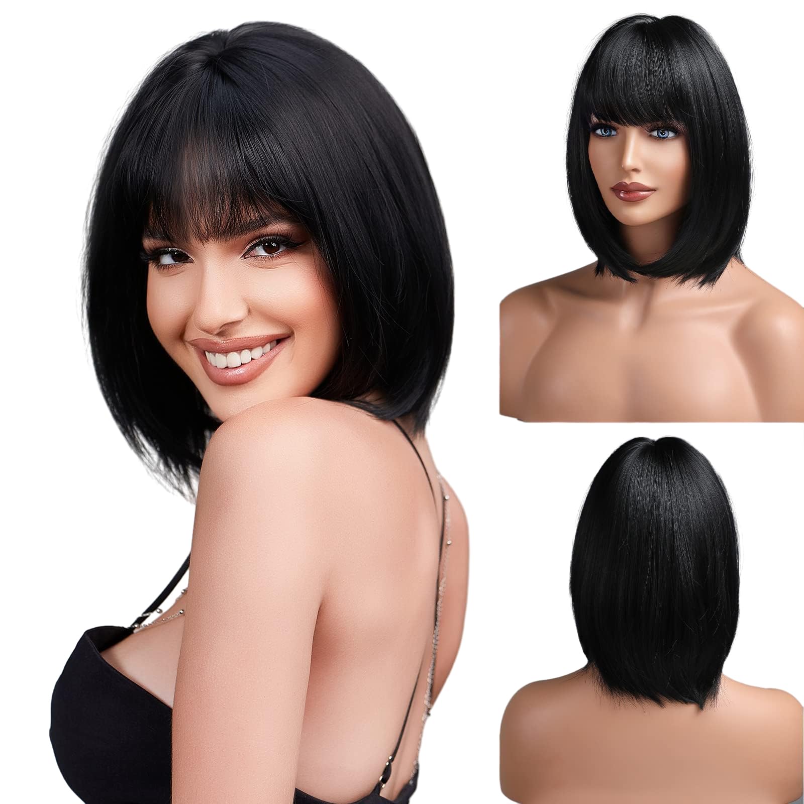 EMMOR Black Bob Wig with Fringes - Heat Resistant Synthetic 12" Short Bob Wigs for Women - Natural Looking for Daily Use — image 1