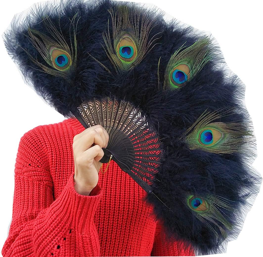 XNN 20s Vintage Style Peacock & Black Marabou Feather Fan Flapper Accessories for Costume Halloween Dancing Party Tea Party Variety Show 55x30cm (Black)