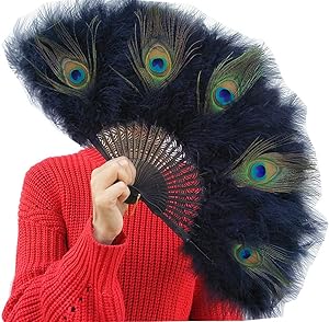 XNN 20s Vintage Style Peacock & Black Marabou Feather Fan Flapper Accessories for Costume Halloween Dancing Party Tea Party Variety Show 55x30cm (Black)