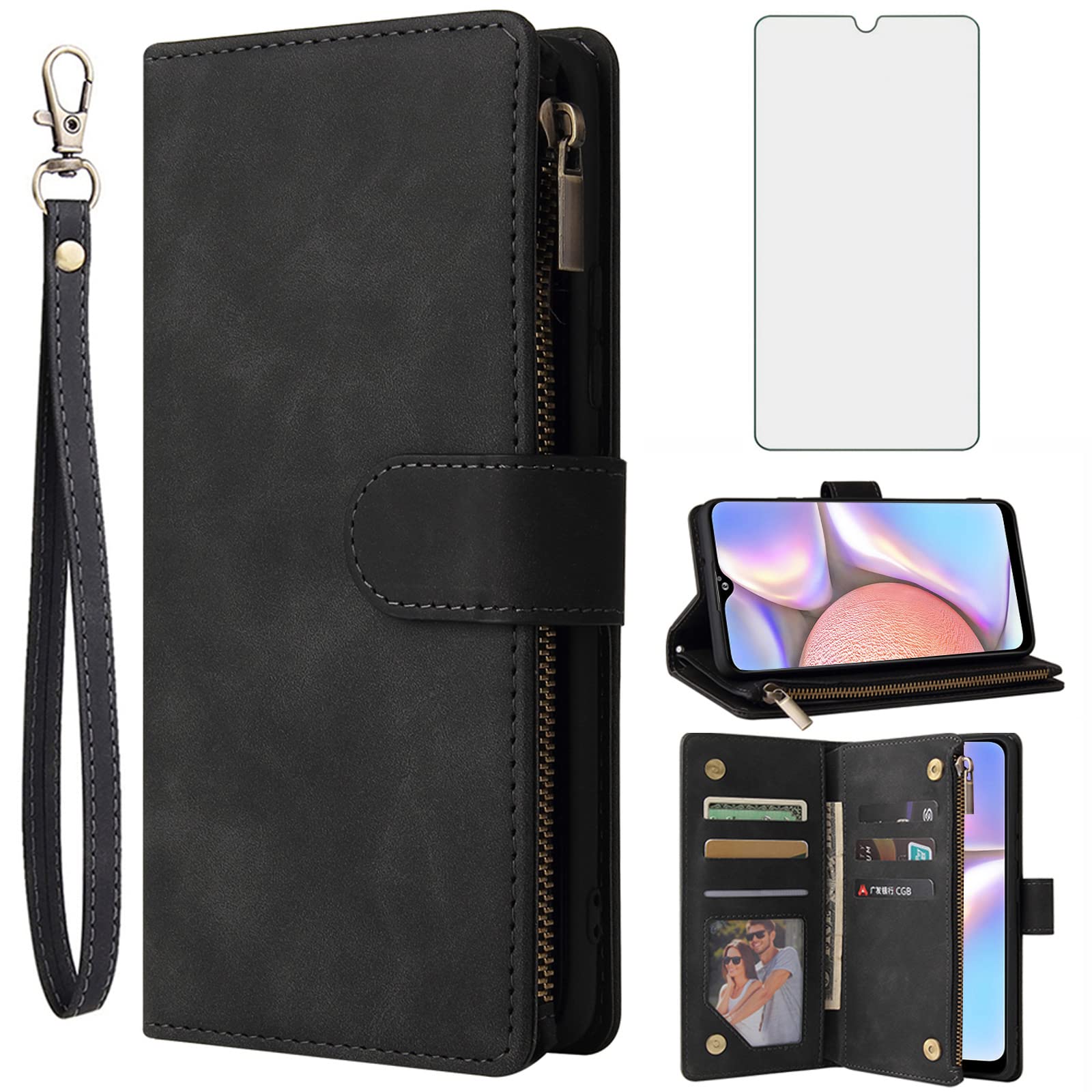 Asuwish Compatible with Samsung Galaxy A10s Wallet Case Tempered Glass Screen Protector and Leather Flip Cover Card Holder Stand Cell Accessories Phone Cases for Glaxay Galaxies A10x Women Men Black