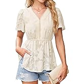 Falechay Womens Tops Short Sleeve Lace V Neck Blouses Babydoll Flowy Casual Empire Shirts Boho Peplum Chiffon Tunics