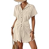 Bsubseach Womens Swimsuit Coverup Short Sleeve Button Down Tie Beach Shirt Dresses Summer Bathing Suit Cover Up Swimwear