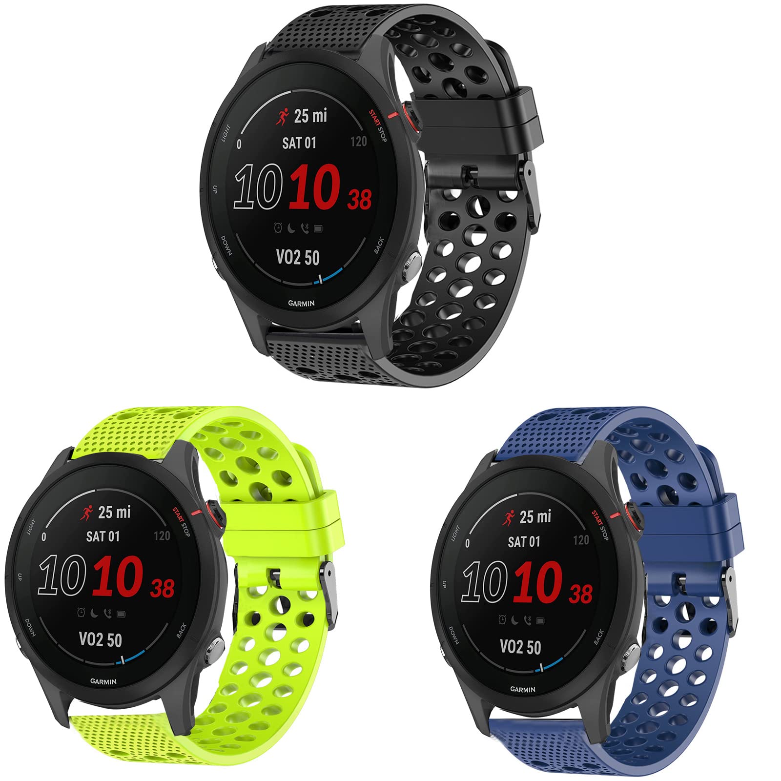 Compatible with Garmin Forerunner 255 Bands, onetuo Silicone Replacement Wristbands Sport Strap with Metal Buckle Compatible with Garmin 255 46mm Smartwatch (3 pack-Blue+Black+Green)