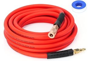 FYPower Air Compressor Hose 3/8 Inch x 25 Feet Hybrid Hose with Fittings, Flexible and Kink Resistant, 1/4" Industrial Quick Coupler and Plug Kit - Red