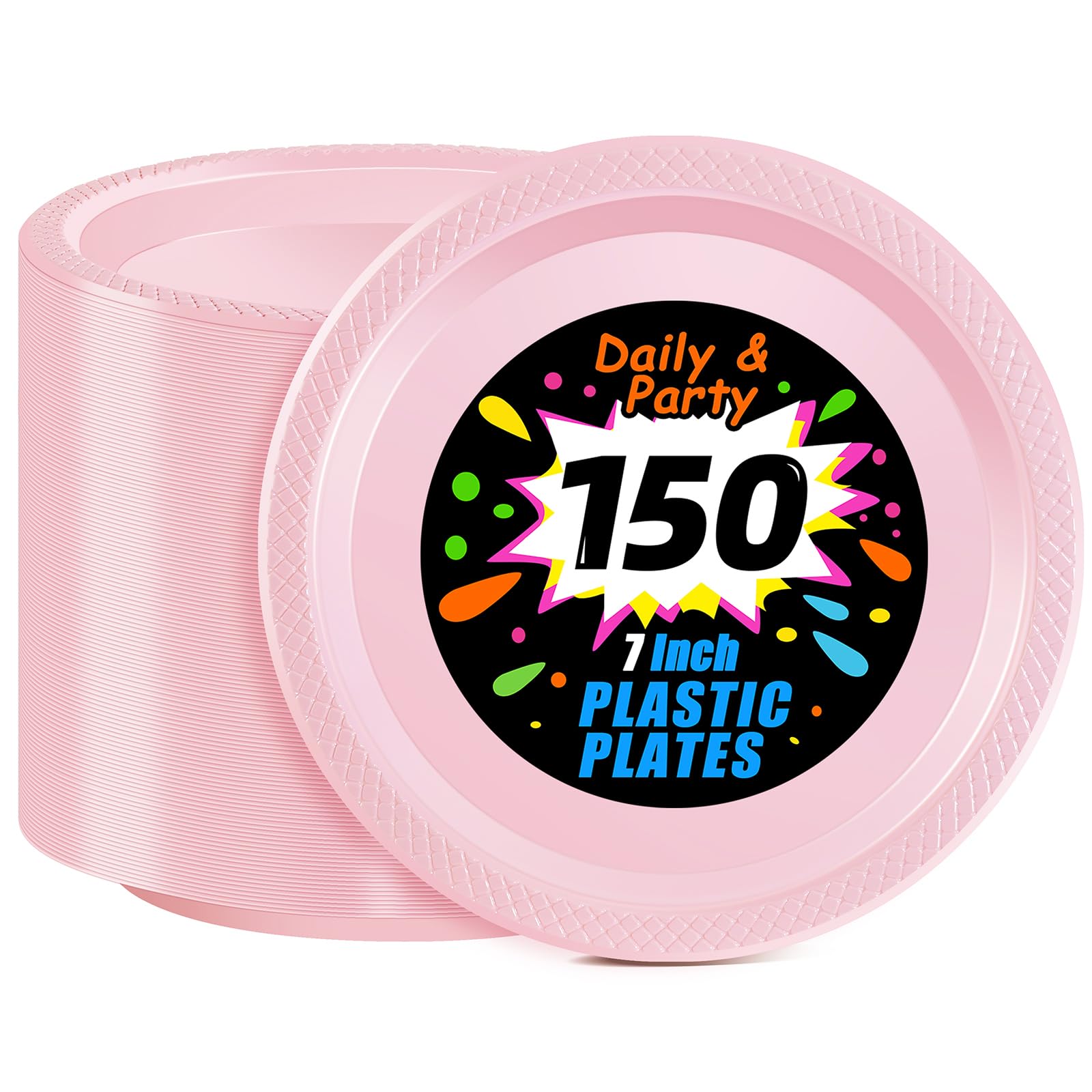 Photo 1 of WELLIFE Pink Party Plates 7 Inch -150 Count, Disposable Plastic Light Pink Dessert Plates for Party Cake Easter Mother's Day Baby Shower Appetizer
