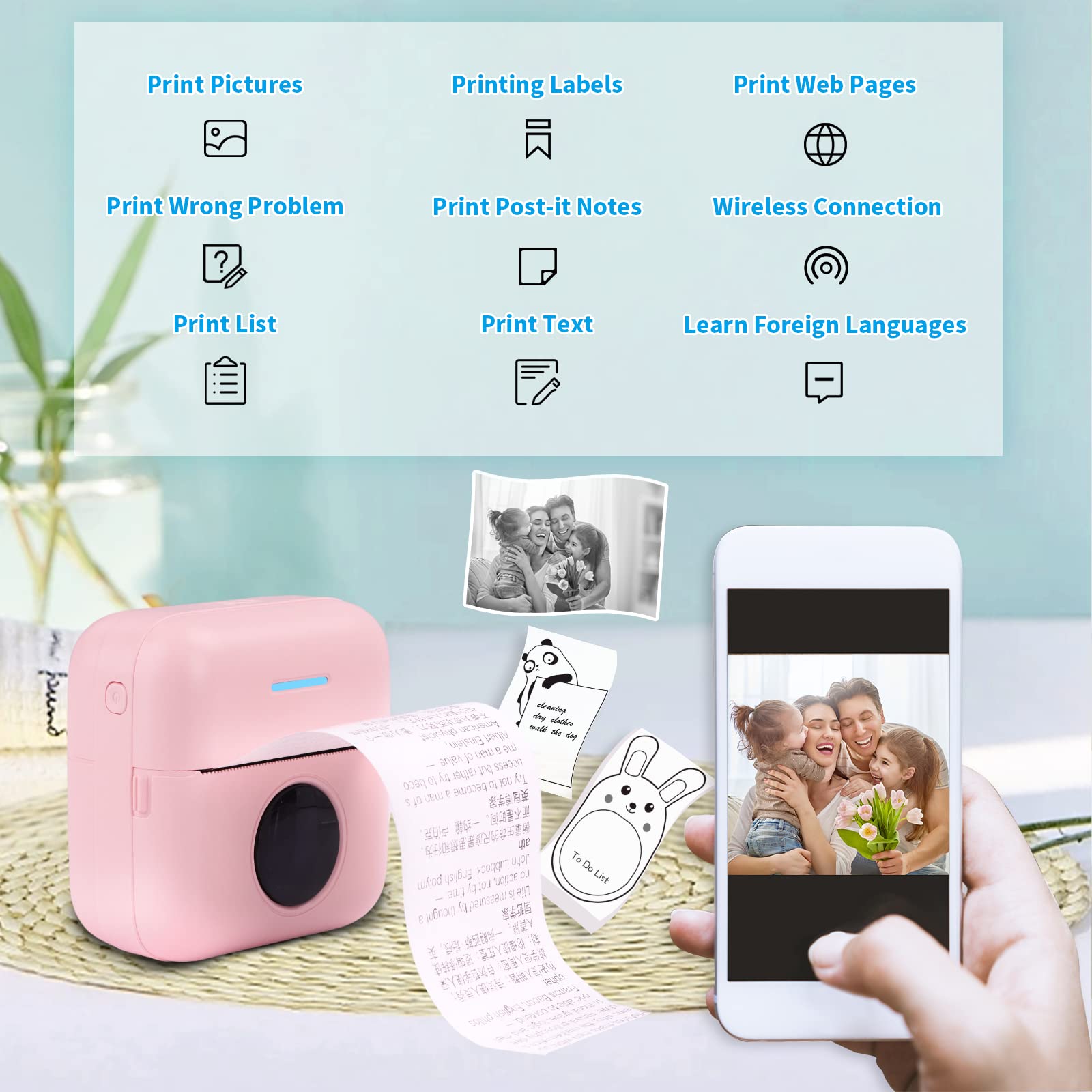 HuiJuKeJi Mini Sticker Printer Bluetooth Smart Pocket Inkless Thermal Printer with 11 Rolls Thermal Paper and Sticker for iOS&Android Print Pod, Portable Receipt Printer for Photo Journal Notes Memo
