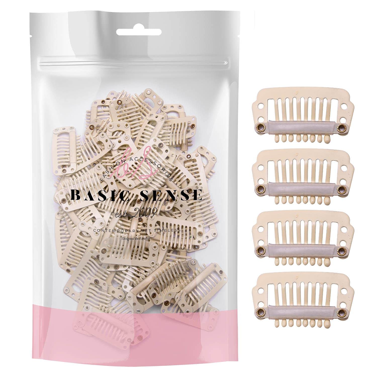 BasicSense 60 pcs Hair Extensions Strong Metal Snap Teeth Clips Hairpiece DIY Clip, Small Blonde