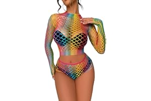 FasiCat Women's Mesh Lingerie Fishnet Babydoll Mini Dress Bodysuit See Through Shirts Long Sleeves Lingerie Bodysuit Cover Up