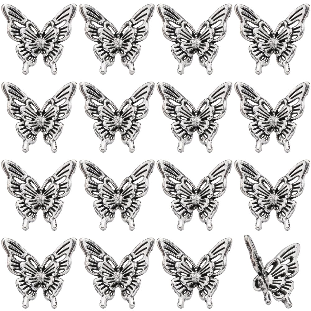 SUNNYCLUE 120Pcs Small Butterfly Metal Beads - Antique Silver Tebitan Styles - Flying Animal Insect Spacer Beads for Jewellery Craft Making - Necklace Bracelet Keychain - Beginner