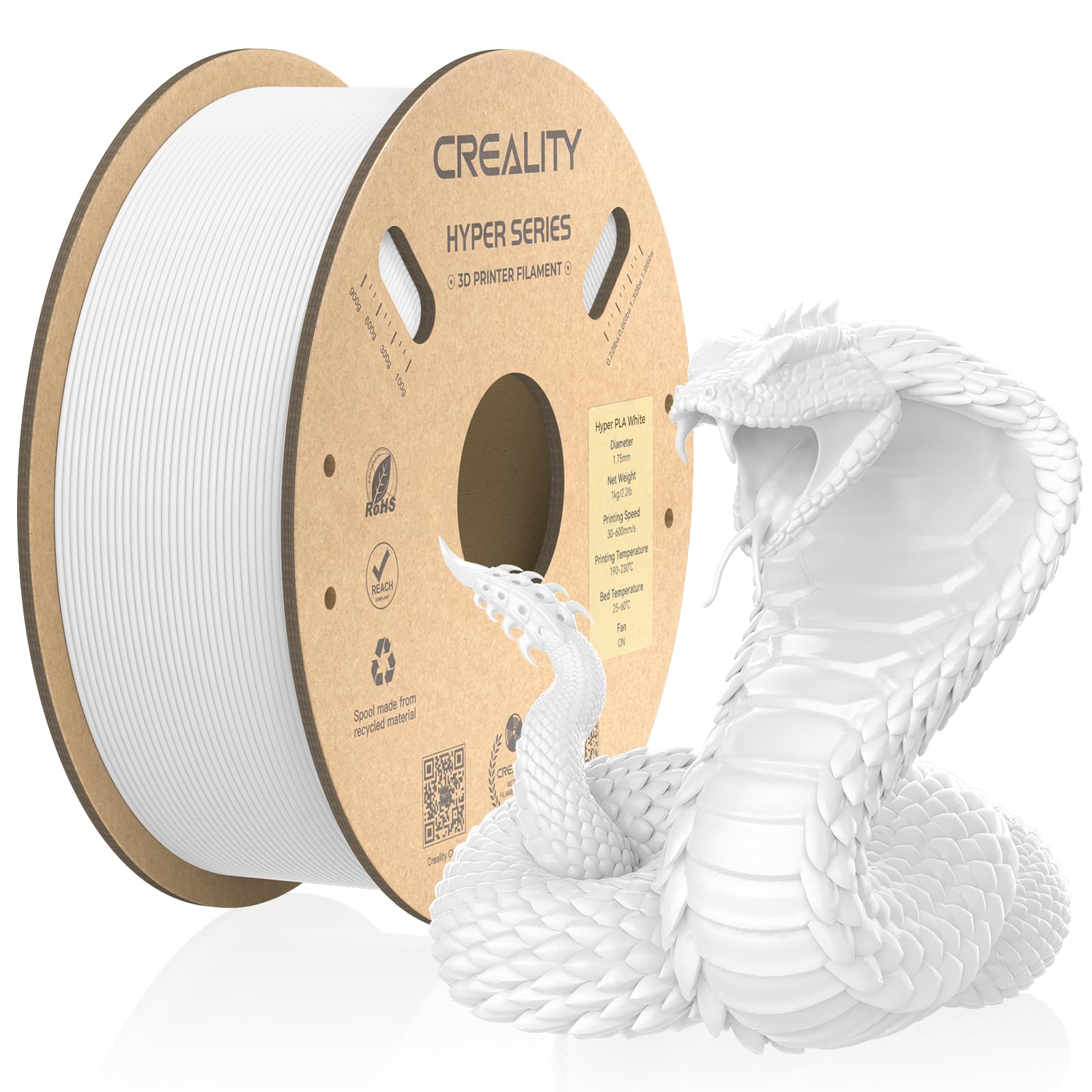 Creality offizielles 3D Drucker Filament, Hyper PLA High Speed Filament, 1.75mm 3D Druck Filament für Hochgeschwindigkeitsdruck, Maßgenauigkeit +/-0.02mm, 1kg/Spule - Weiß