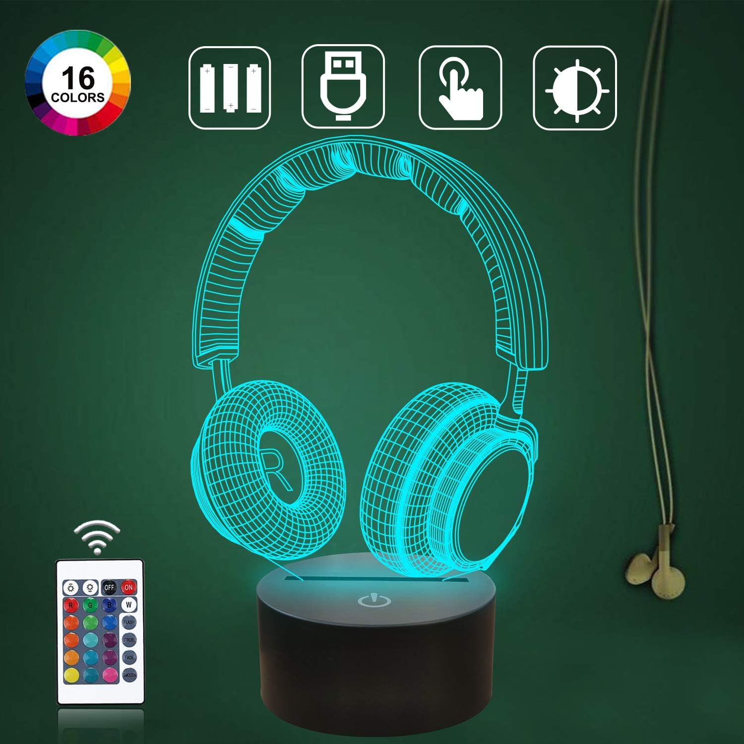 CooPark Headset Creative 3D Night Light, 16 Color Changing with Remote Control USB Power - Image 3