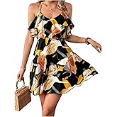 SHENHE Women's Boho Floral Sundress Ruffle Criss Cross Backless A Line Flowy Halter Dress