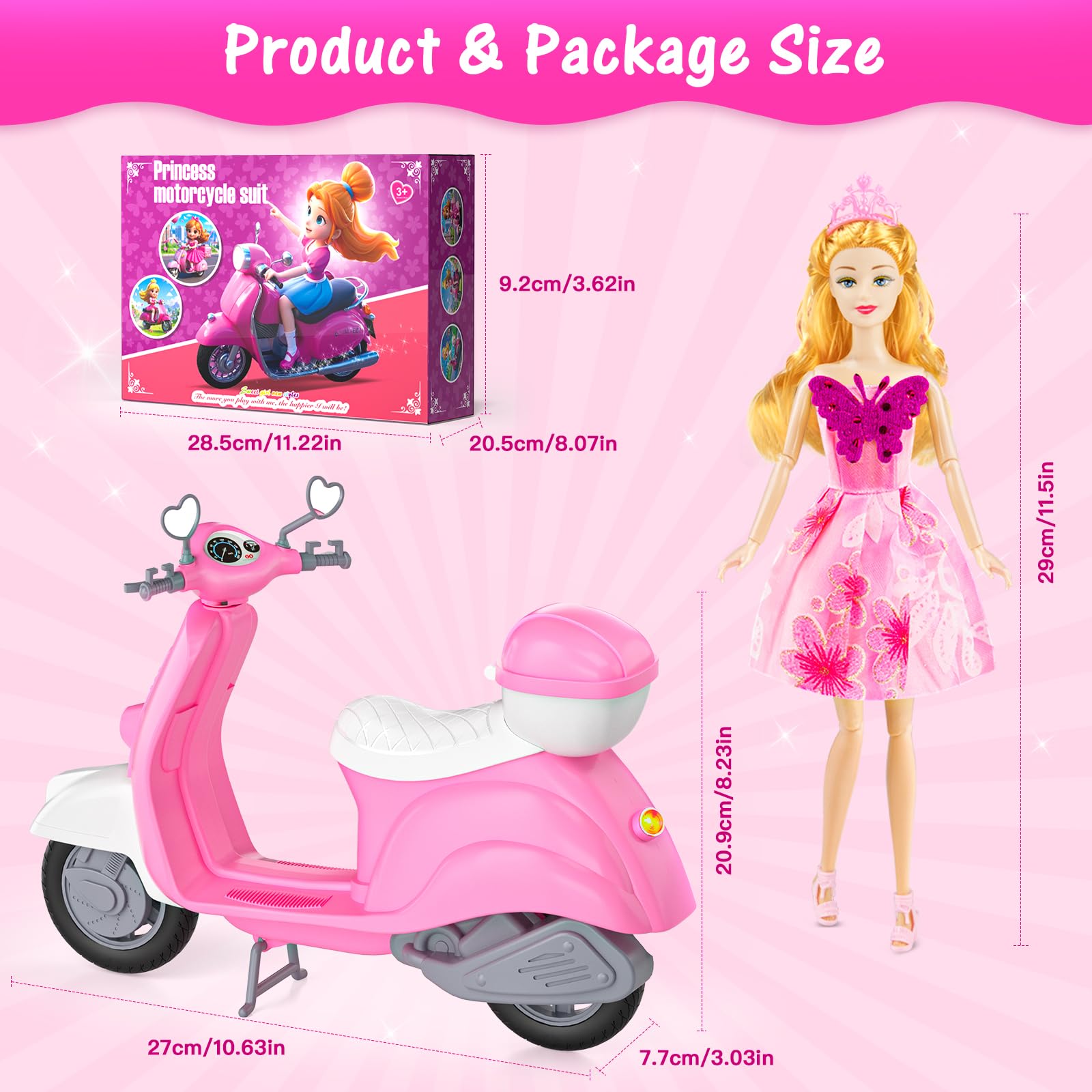 Glisiol 67Pcs Doll Clothes and Accessories with Doll, Motorcycle Scooter Set, Skiing Kit, Pet Set, 10 Shoes, 6 Outfits (Dress/Pants/Casual), Doll Playset Dress Up Toys for Girls Kids Toy Gifts
