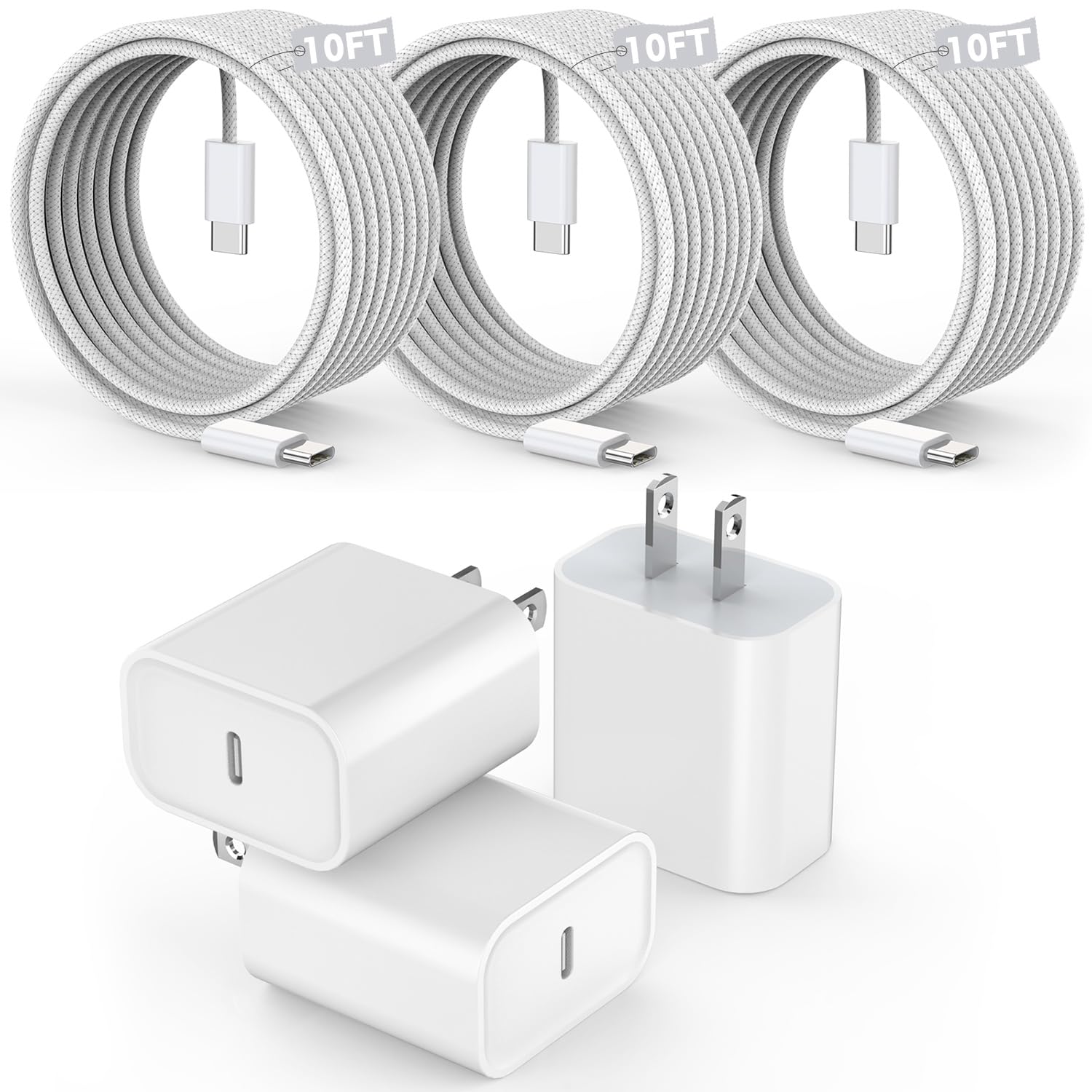 Photo 1 of [3 Pack]Long 10FT iPhone 17 16e 15 Charger 20W Fast Wall Charger Block,10Foot USB C to C Braided Woven Cable Fast Charging for iPhone 17 Air/17 Pro/16 Pro/16 Pro Max/16 Plus/15/15 Plus/15 Pro Max/iPad