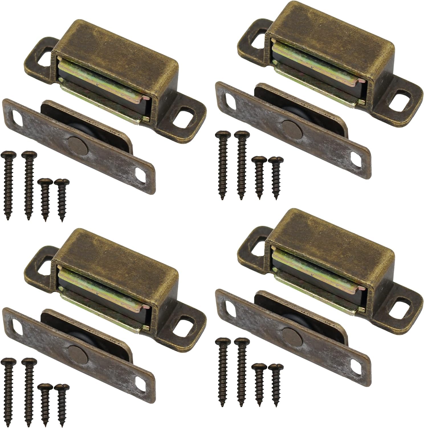 Cupboard Magnets 4 Pack Pull Strong Magnetic Door Cupboard Catch Antique Brass Heavy Duty Cabinet Door Magnets with Screws for Bathroom Kitchen Cupboard Closure Closet Door Closer.
