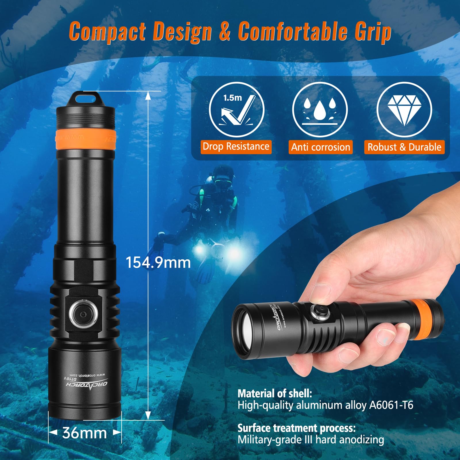 ORCATORCH D710V MK2 2300 Lumens Upgraded Underwater Video Light, White Red Violet Tri-Color, 120-Degree Wide Beam Scuba Flashlight for Dive Photography Fill Light and Fluorescent Night Diving