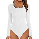 MEROKEETY Women's Long Sleeve Ribbed Knit Bodysuits Scoop Neck Slimming Fit Fall Trendy Sweater Tops