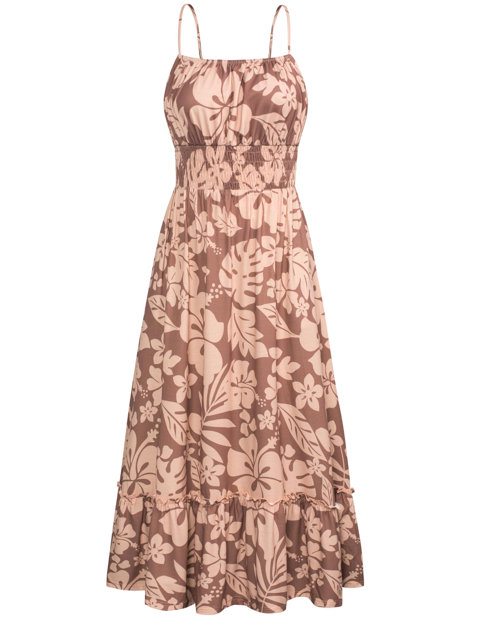 Photo 1 of (2xl) (bagged) GRACE KARIN Womens Ruffle Maxi Dresses Spaghetti Strap Boho Smocked Cami Dress Sleeveless Summer Beach Long Maxi Dress Coffee Floral 2XL
