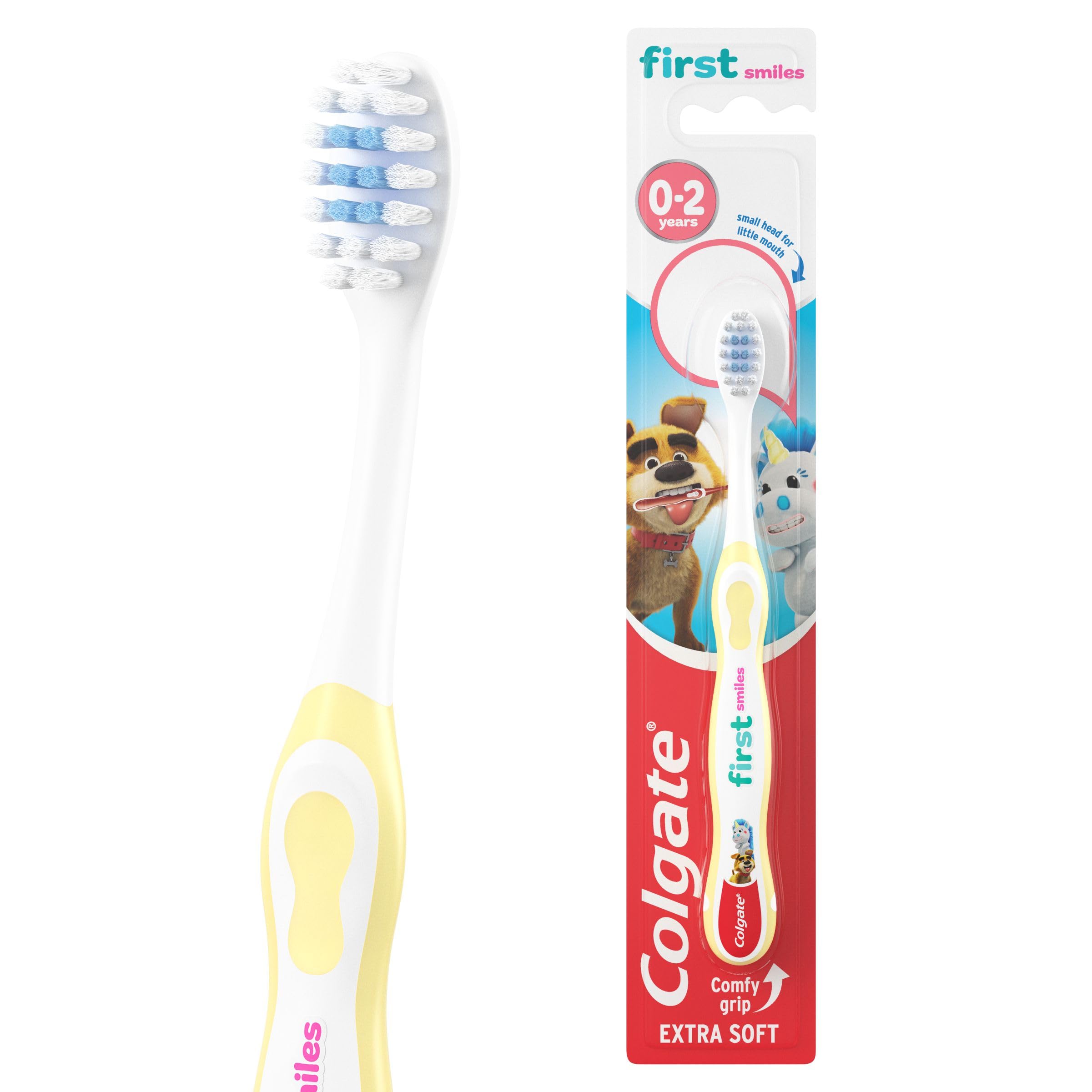 Colgate Kids Toothbrush 0-2 Years - Baby Toothbrush - Extra Soft bristles - Gently and Effectively Clean First Teeth - Small Brush Head - Blue bristles Toothpaste Guide - Non-Slip Handle