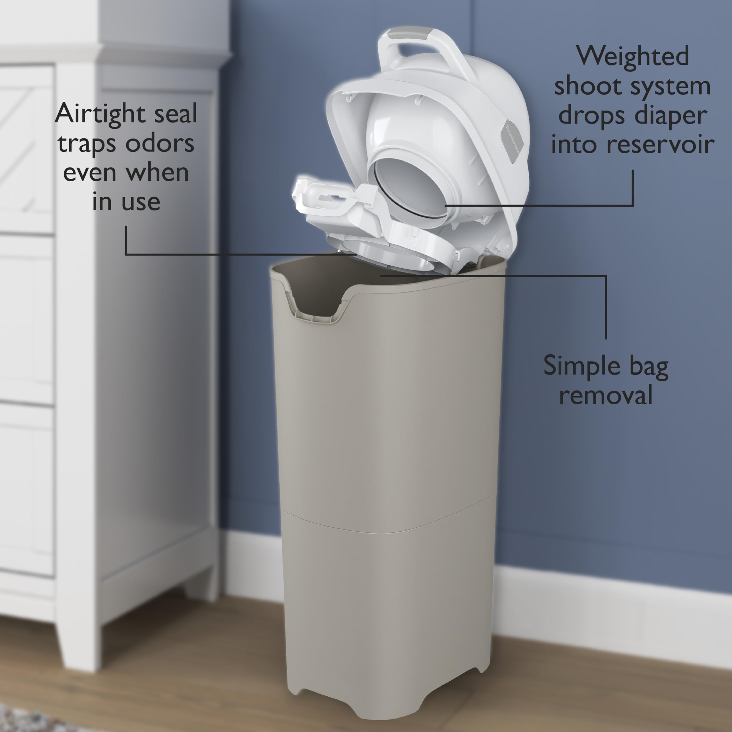 Foundations Tall Diaper Pail with Airtight Lid - Durable & Odorless Diaper Disposal, Large Capacity, Holds up to 60 Newborn Diapers, Refill with Any Bags - Gray