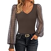 ZESICA Women's Mesh Puff Long Sleeve Shirts 2026 Spring Fall V Neck Ribbed Knit Sexy Going Out Tops Casual Work Blouse