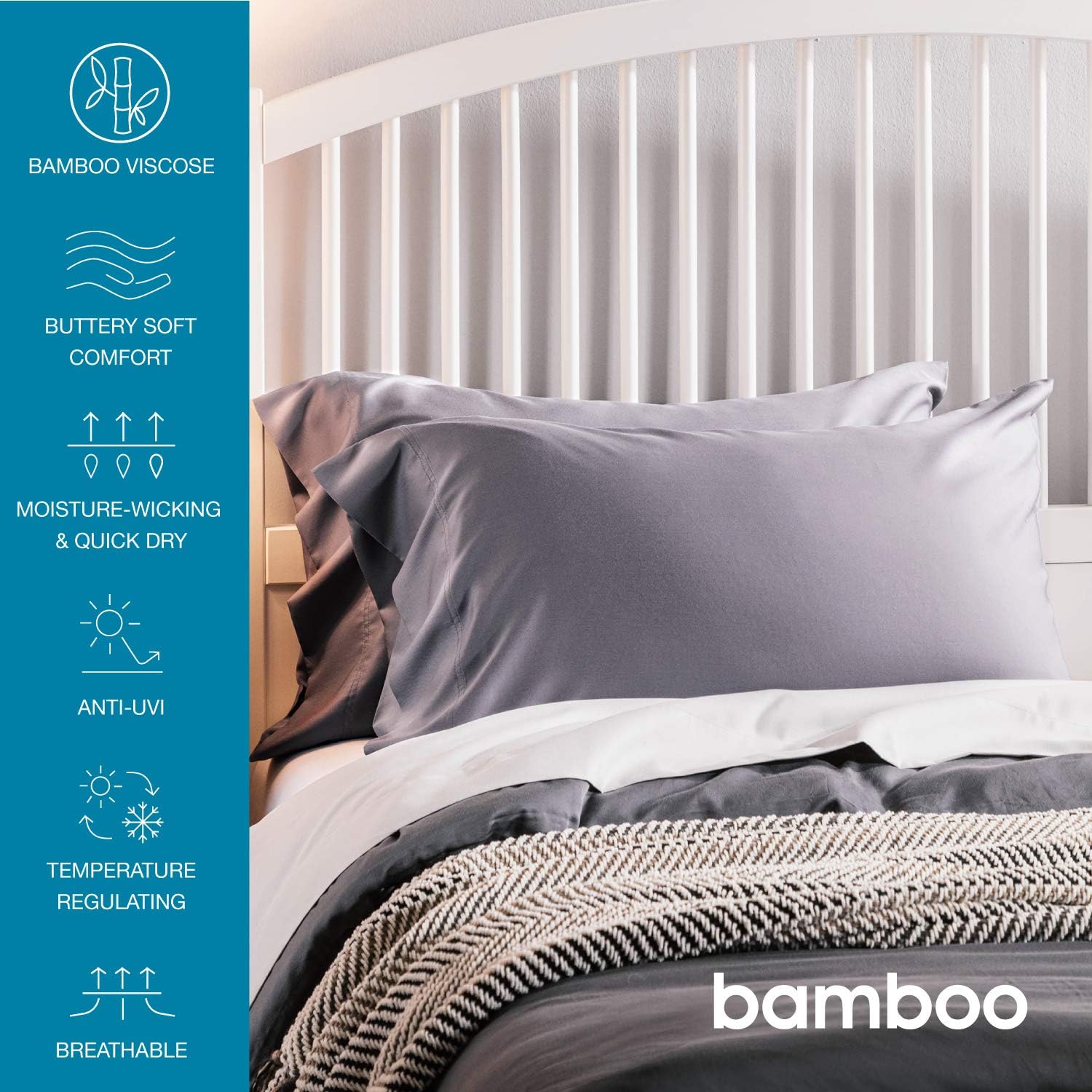 Bedsure Cooling Bamboo Pillowcases Set of 2 - Breathable Cool Ultra Soft Pillow Cases - Viscose from Bamboo - Organic Natural Silky Material, Moisture Wicking(Grey, Queen Size 20x30 inches): Kitchen & Dining