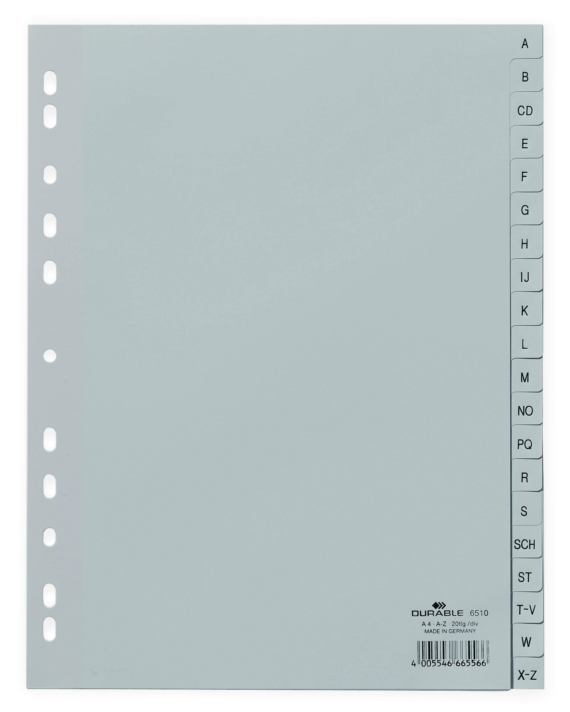DURABLE Hunke & Jochheim Index Divider, Polypropylene, A - Z, Grey, A4 Full Coverage, 215/230 x 297 mm, 20 Sheets, Pack of 1