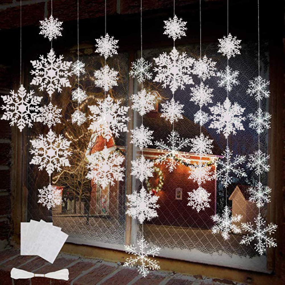 VGOODALL 40 Plastic Glitter Snowflake, Christmas Glitter Snowflake Shape Hanging Ornament Christmas Tree Window Decoration