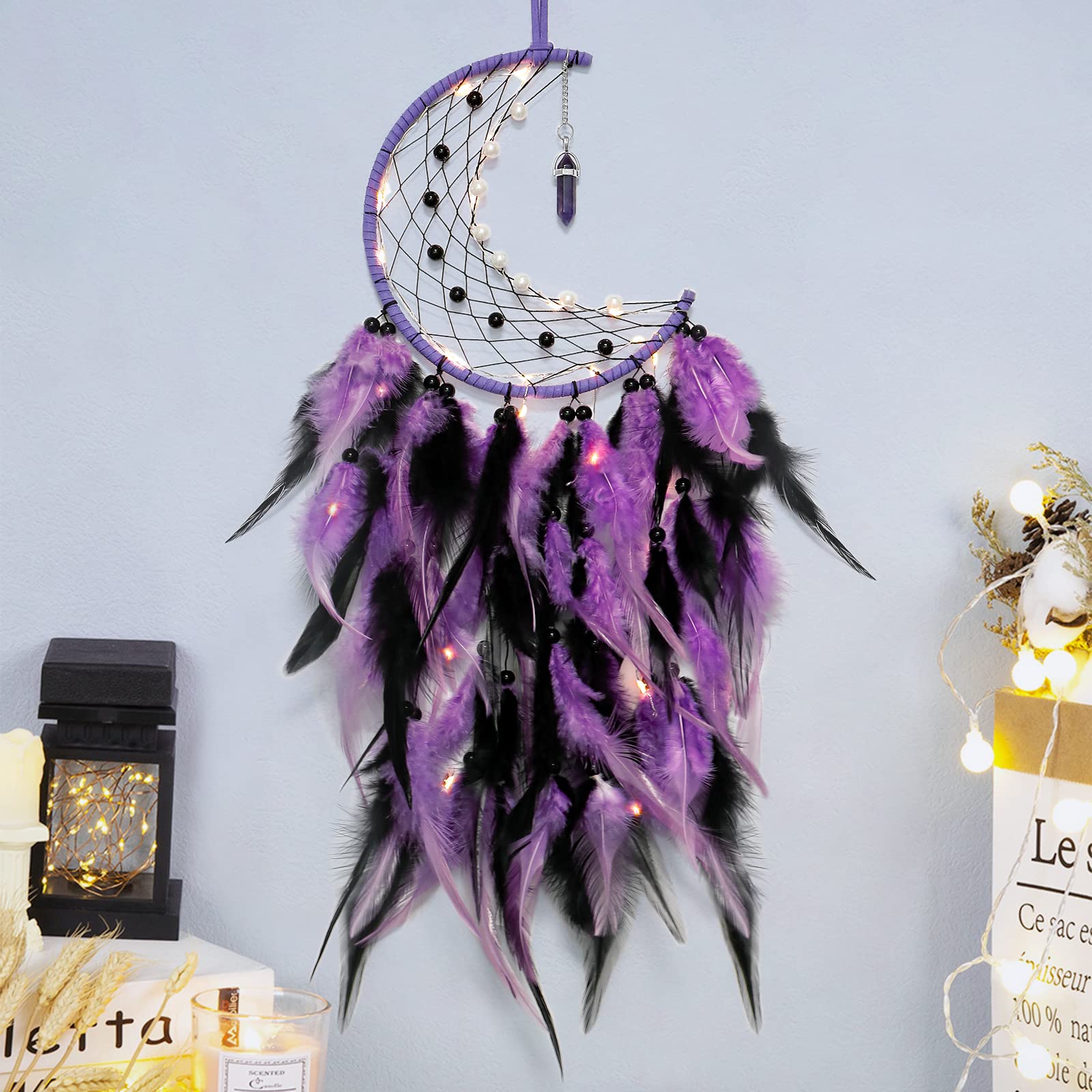 Dremisland Moon Dream Catcher with Fairy Lights Indian Dreamcatcher Kids Bedroom Accessories Purple Black Feather Lucky Turquoise Pendant Wall Hanging Decoration for Home Bedroom