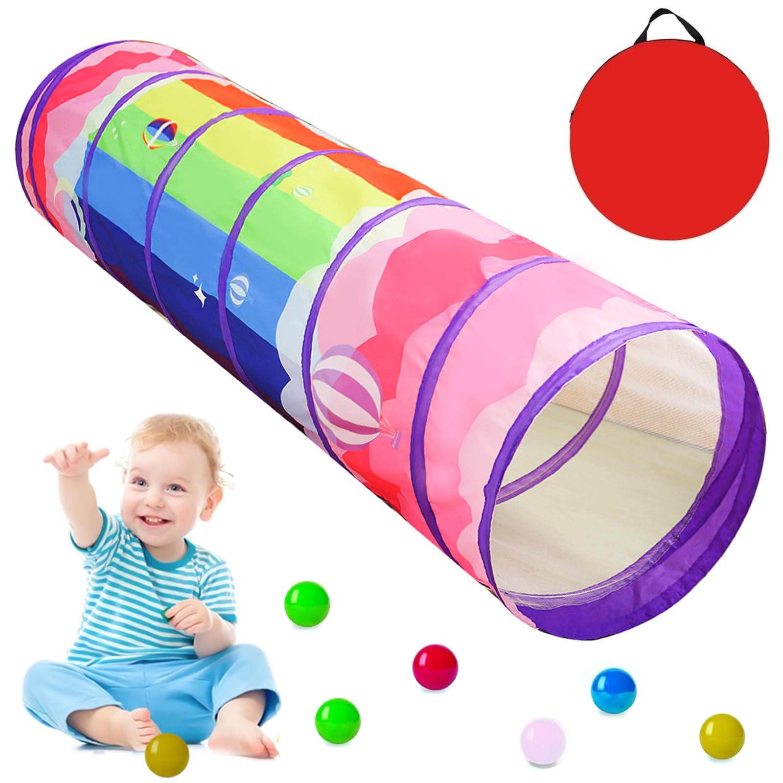 Kids Play Tunnel for Toddlers - 180×46 cm Colorful Rainbow Pop Up Crawl Through Tunnel Tent for Baby or Pet Cat, Dog, with Breathable Mesh, Indoor & Outdoor Kids Tunnel Gift for Party Birthday (Pink)