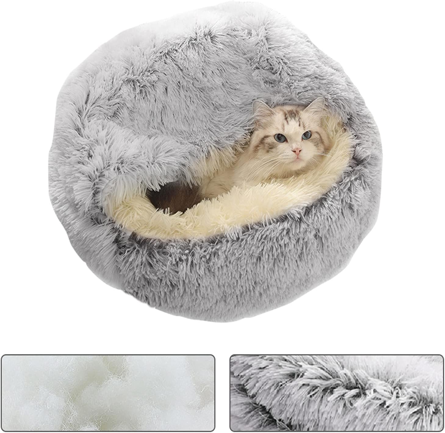  2021 Newest Cat Bed Cave, 50 cm Hooded Plush Donut Cat Bed House, Faux Fur Cuddler Pet Cushion Sofa, Round Fluffy Cosy Soft Bedding for Indoor Kittens and Puppy Small Dogs 