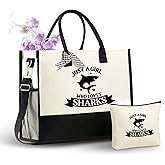 InnoBeta Shark Lover Gifts Canvas Tote Bag, Shark Gift for Women,Girl, Just a Girl Who Loves Shark Bag with Top Zipper Closure and Shoulder Strap for Birthday, Christmas
