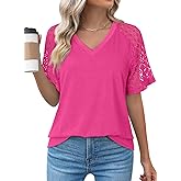 Dokotoo Women's V Neck Lace Short Sleeve Tops Casual Raglan T Shirts Summer Tunic Blouses