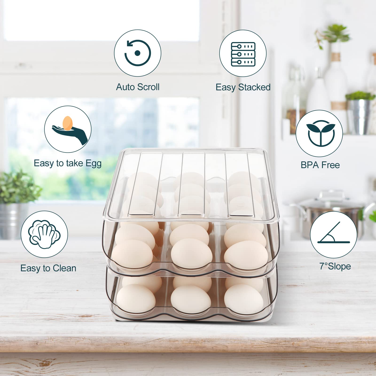 MesRosa Egg Holder for Fridge, Automatically Rolling Egg Storage Container for Refrigerator,Large Capacity Egg Organizer for Fridge with Lid,Clear Plastic Dispenser, Tray & Bin -2 Layer