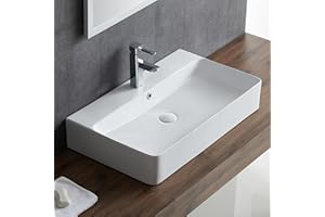 Rectangle Bathroom Vessel Sink 28" x 16.5", Eridanus Wall Mount Sink Ceramic Porcelain, Modern Above Counter Sink White Floating Lavatory Vanity Trough Art Basin with Overflow