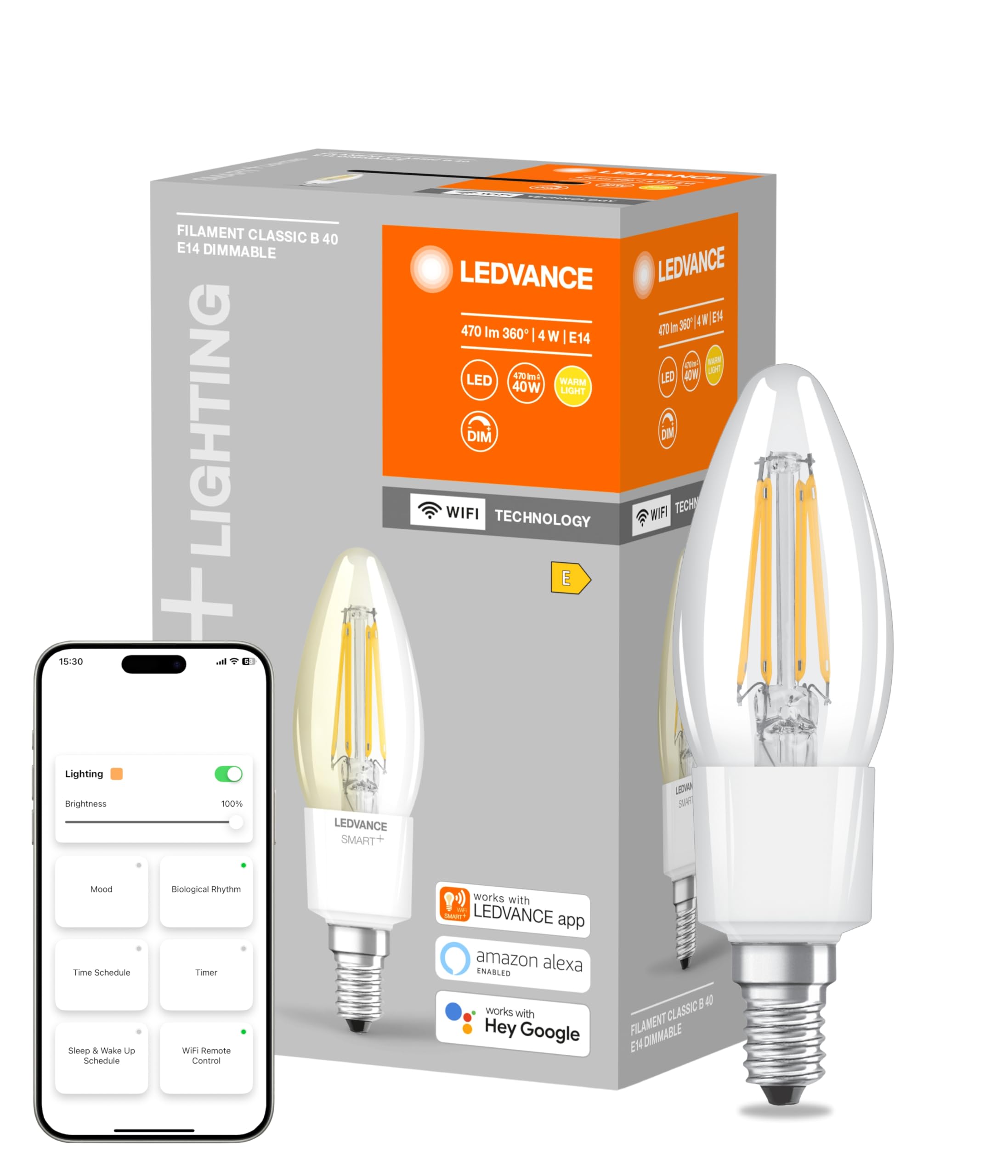 LEDVANCE Smart LED bulb with Wifi technology, E27, Dimmable, Warm white (2700K), Teardrop shape, Clear filament, Replacement for conventional 40W bulbs, Controllable with Alexa, Google & App, 1-pack SMART WIFI P40D