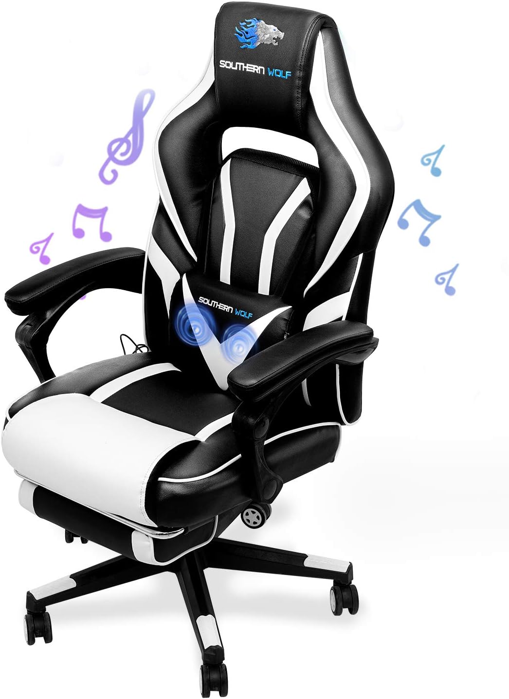 SOUTHERN WOLF Video Gaming Chair with Massage Function - Bluetooth Office Swivel Chair with Racing Style - Ergonomic Home Office Chair with Armrest Footres Headrest and Lumbar Support