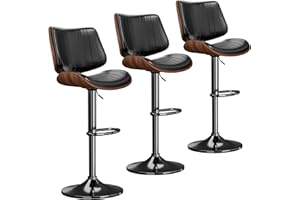REONEY Swivel Bar Stools Set of 3, Adjustable Bentwood Barstools for Kitchen Counter, Modern PU Leather Upholstered Bar Chair with Back and Footrest, for Kitchen Island, Bar, Dining Room, Black
