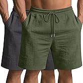 Ficerd 2 Pack Cotton Linen Big and Tall Shorts for Men Drawstring Elastic Waist 7" Summer Beach Bermuda with Pockets