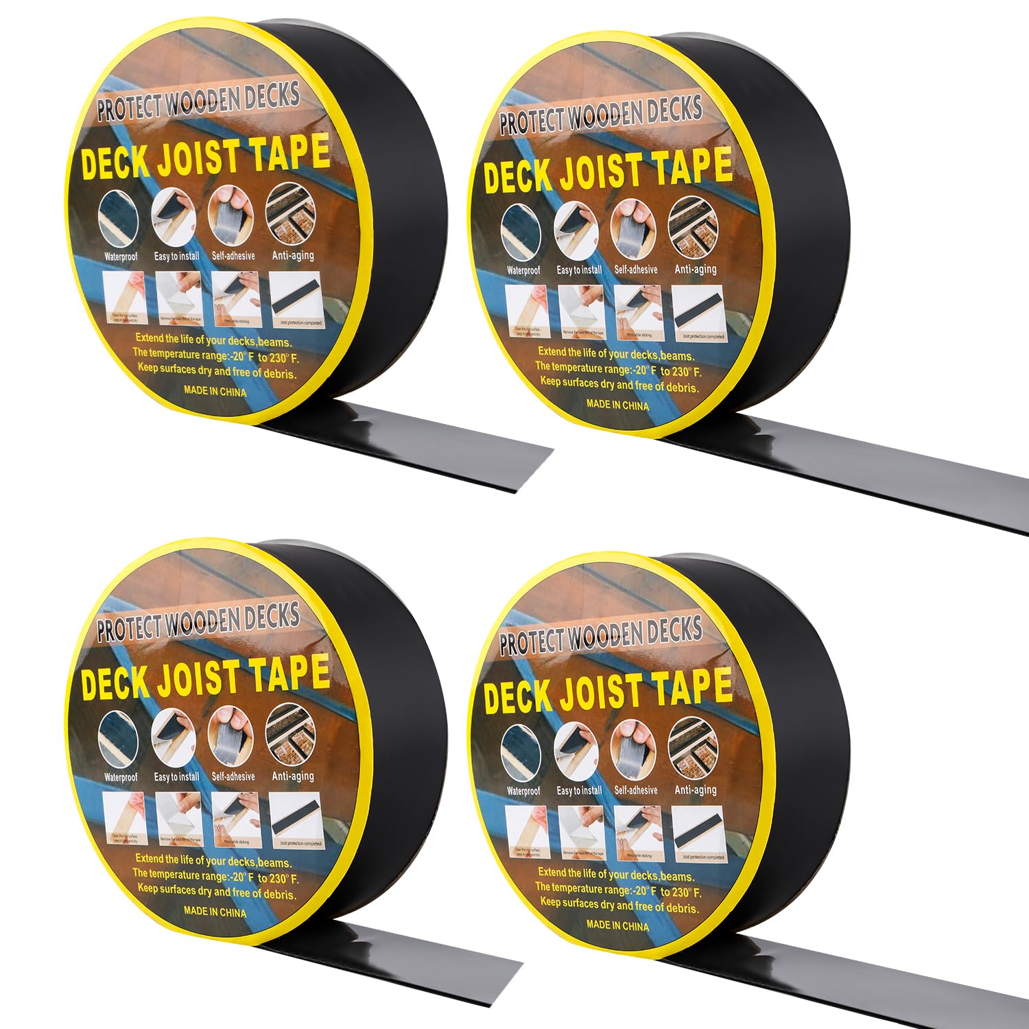 4pcs Deck Joist Tape, Butyl Joist Tape 2 Inch x 50 Feet Rim Joist Tape Black Waterproof Decking Joist Flashing Tape for Repairing Seal Protect Deck Joists Beams Wood