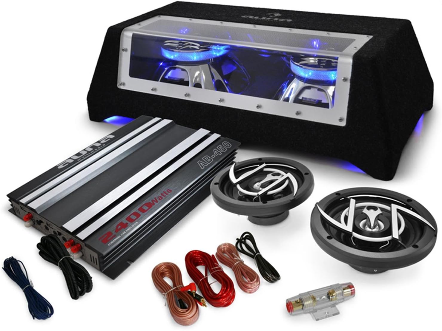 Ampli 2 canaux 1200W Effets LED, Filtre Passeabs, Crossover réglable Set de Sono Auto Platin