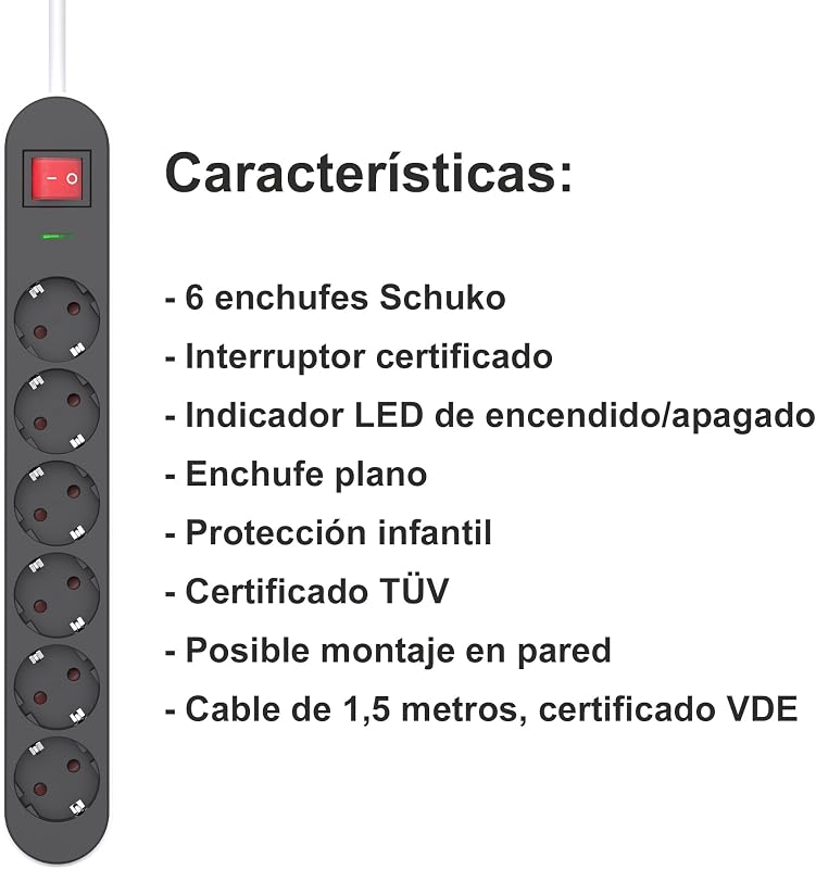 Régua de 6 tomadas com ficha plana, interruptor, certificado TUV/GS — foto 2 de 6