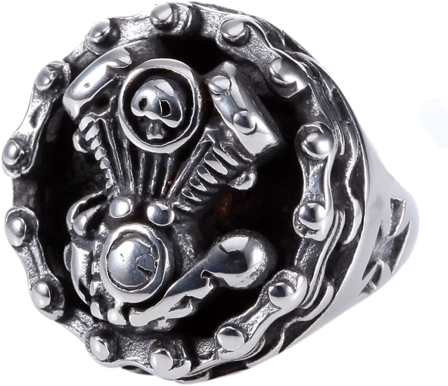 Mens 316L Stainless Steel Silver Motor Engine Cycle Chain Biker Band Ring Size 7-13